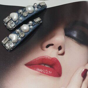 Silver Crystals Pearls Denim Hair Clip Pins Set of 2 Women Hair Accessory Gift